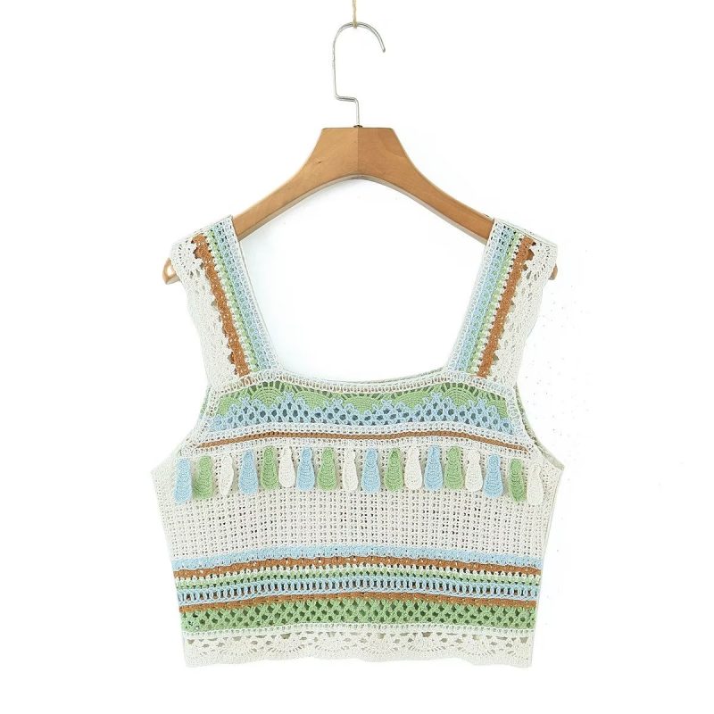 Summer Vintage Embroidery Tassel Suspender Short Camisole - Image 4