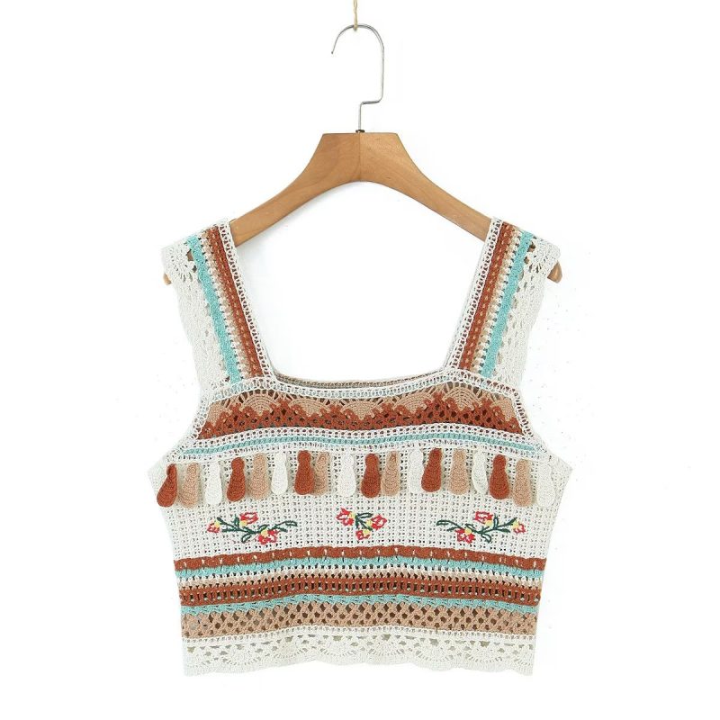 Summer Vintage Embroidery Tassel Suspender Short Camisole - Image 5