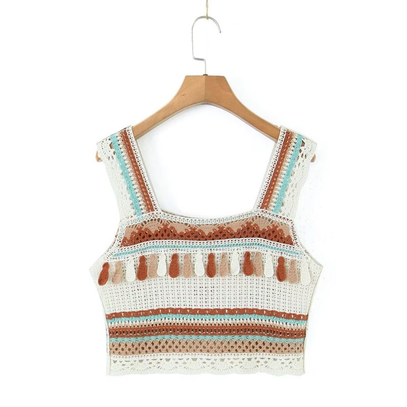 Summer Vintage Embroidery Tassel Suspender Short Camisole - Image 6