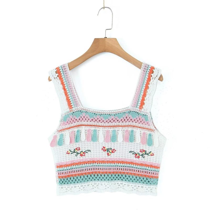 Summer Vintage Embroidery Tassel Suspender Short Camisole - Image 7