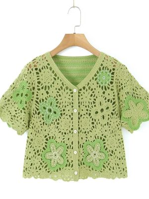 Spring Women Clothing V Neck Vintage Beaded Crocheted Short Sleeved Sweater Cardigan