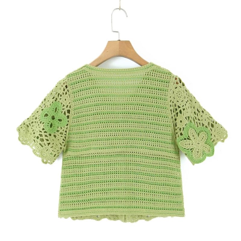 Spring Women Clothing V Neck Vintage Beaded Crocheted Short Sleeved Sweater Cardigan - Image 2