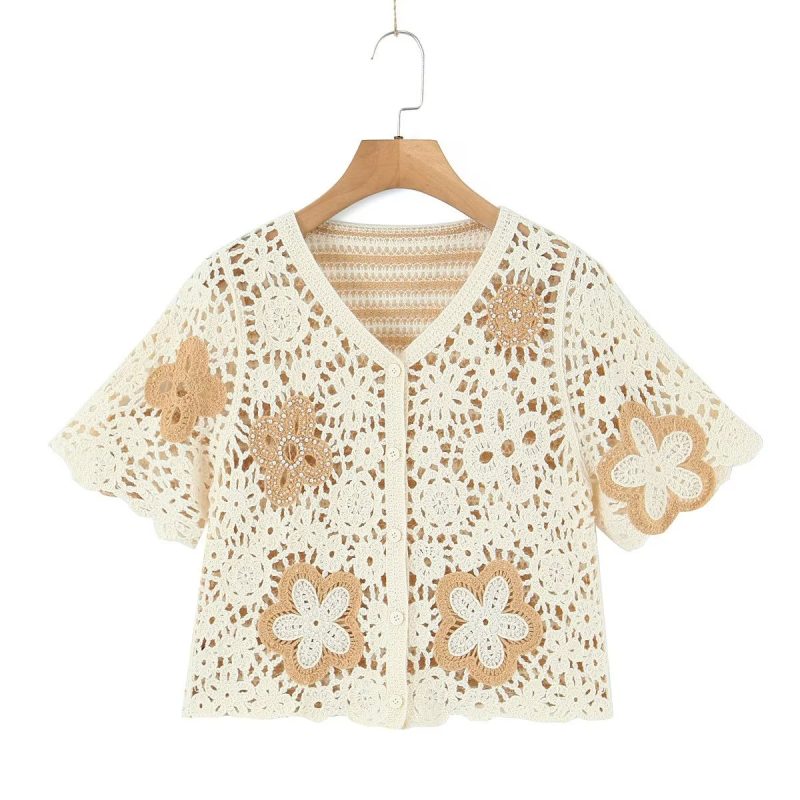 Spring Women Clothing V Neck Vintage Beaded Crocheted Short Sleeved Sweater Cardigan - Image 3