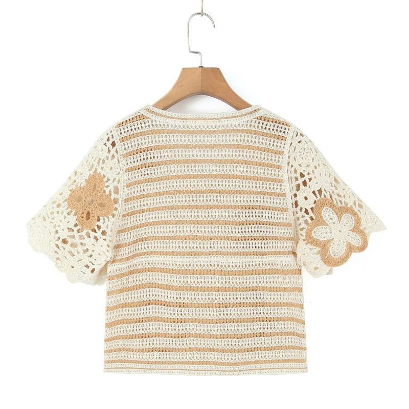 Spring Women Clothing V Neck Vintage Beaded Crocheted Short Sleeved Sweater Cardigan - Image 4