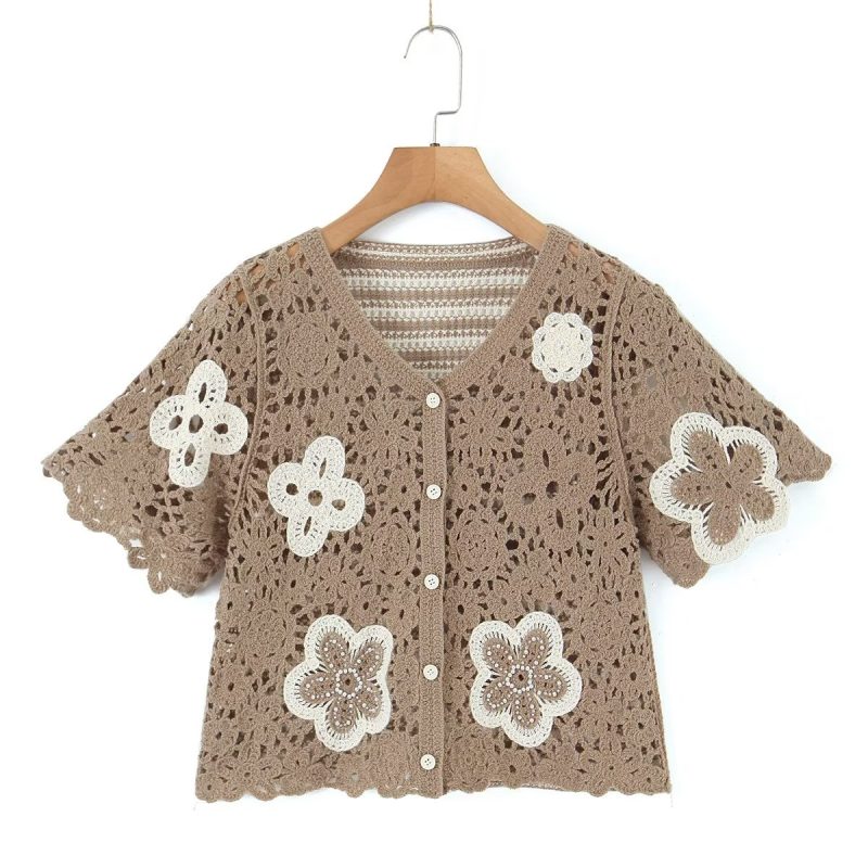 Spring Women Clothing V Neck Vintage Beaded Crocheted Short Sleeved Sweater Cardigan - Image 5