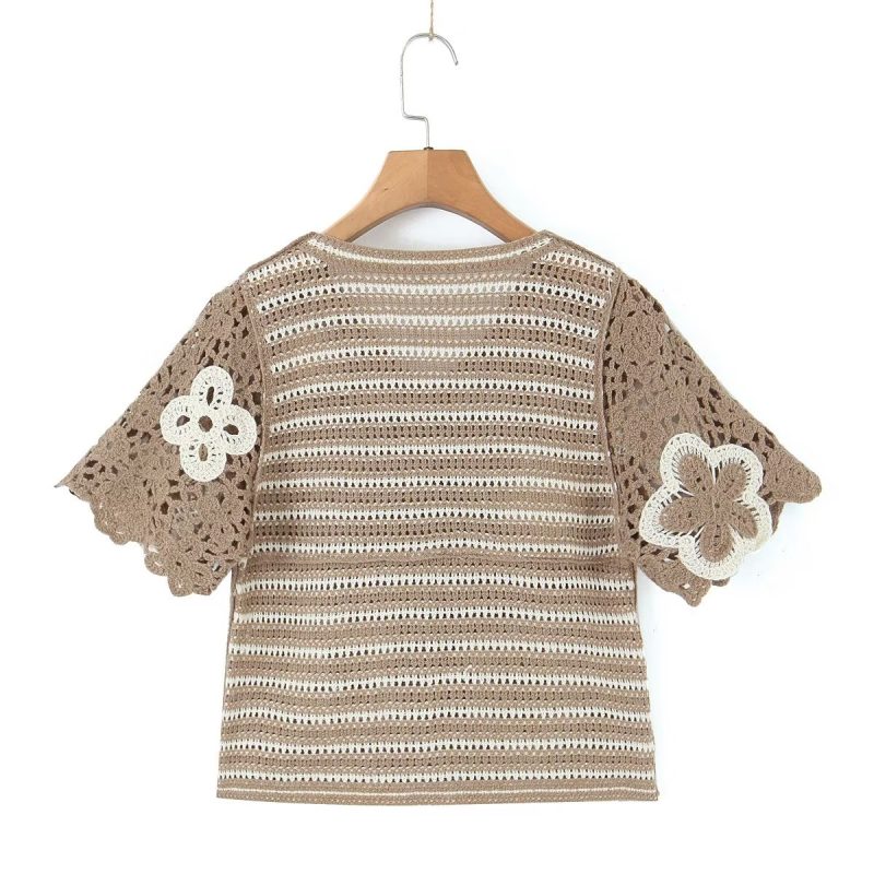 Spring Women Clothing V Neck Vintage Beaded Crocheted Short Sleeved Sweater Cardigan - Image 6