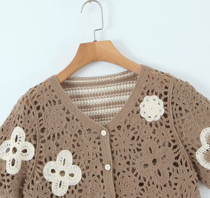 Spring Women Clothing V Neck Vintage Beaded Crocheted Short Sleeved Sweater Cardigan - Image 8