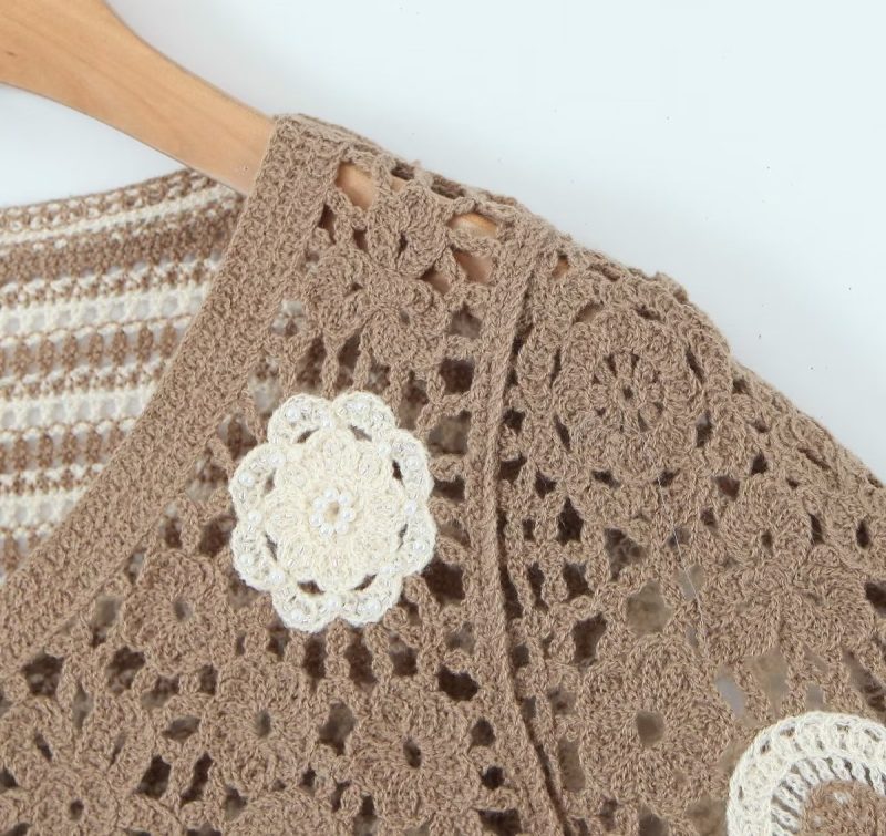 Spring Women Clothing V Neck Vintage Beaded Crocheted Short Sleeved Sweater Cardigan - Image 9
