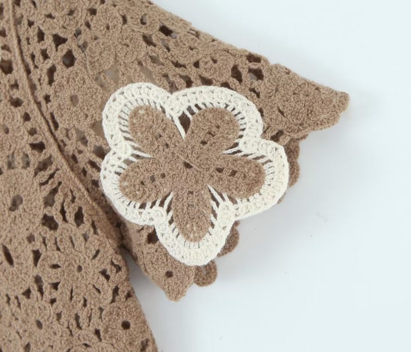 Spring Women Clothing V Neck Vintage Beaded Crocheted Short Sleeved Sweater Cardigan - Image 10
