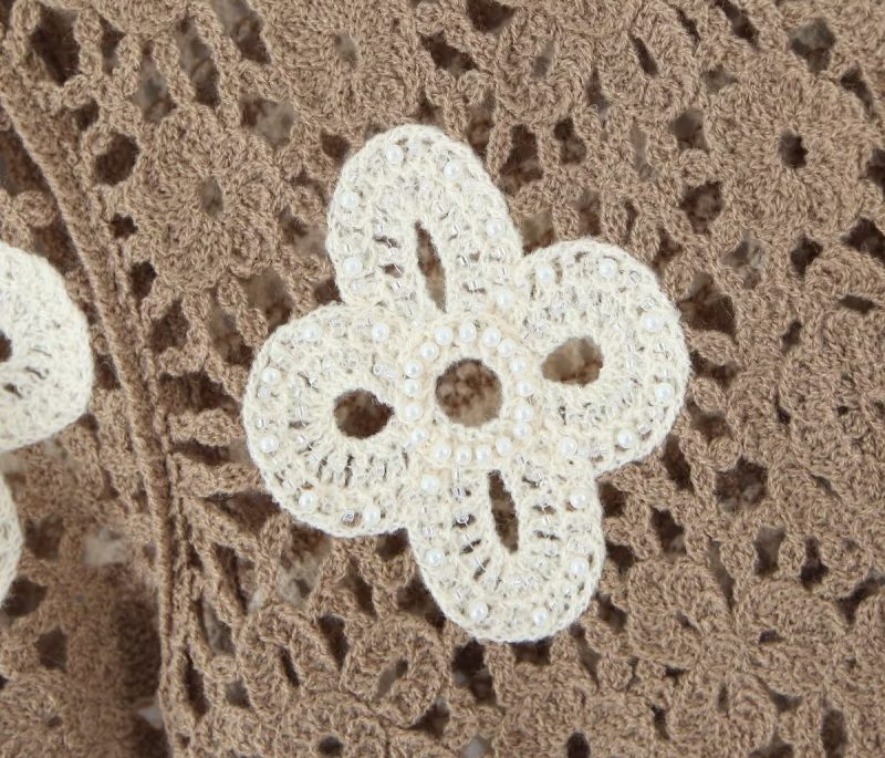 Spring Women Clothing V Neck Vintage Beaded Crocheted Short Sleeved Sweater Cardigan - Image 12