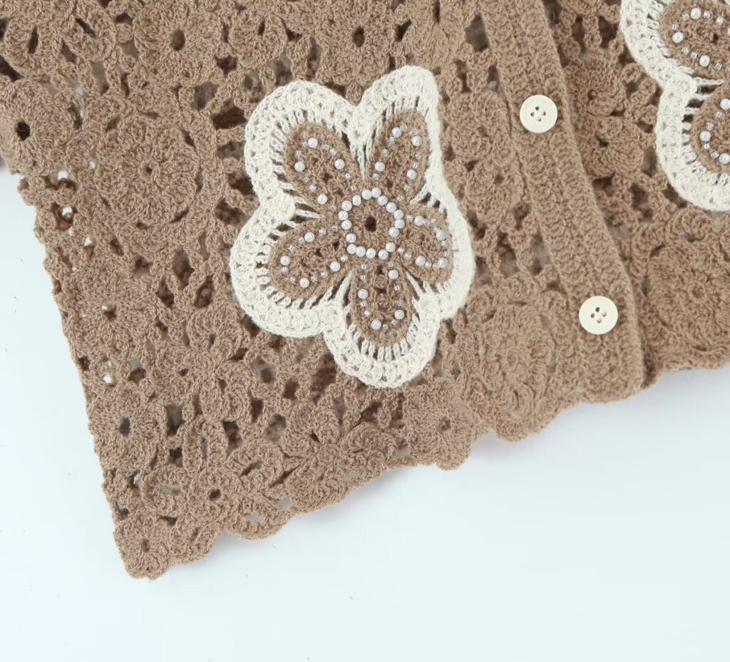 Spring Women Clothing V Neck Vintage Beaded Crocheted Short Sleeved Sweater Cardigan - Image 13