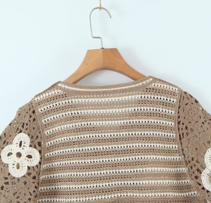 Spring Women Clothing V Neck Vintage Beaded Crocheted Short Sleeved Sweater Cardigan - Image 14