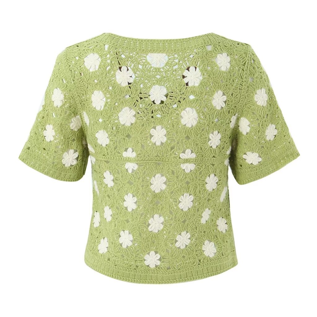 Women Clothing French Vacation Vintage Small Floral Short Sleeve Tup Cardigan Casual - Image 2