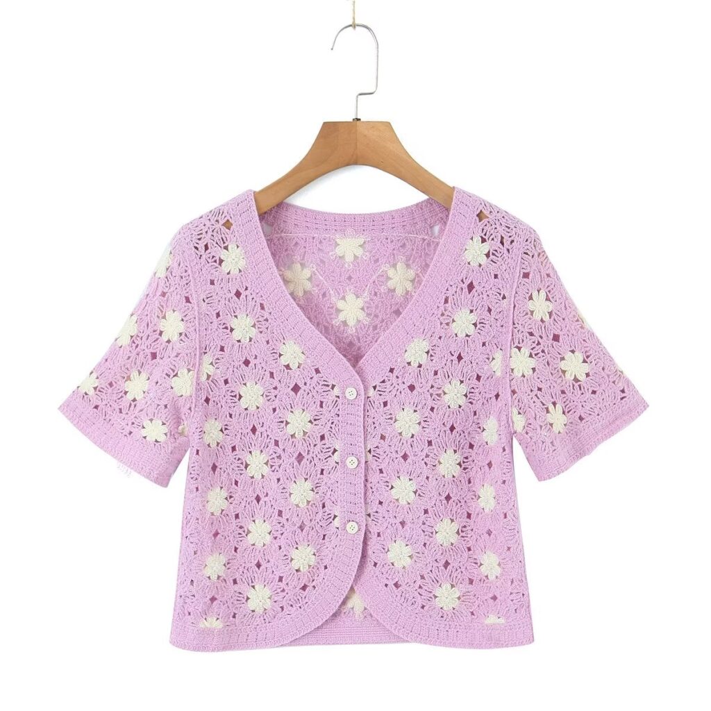 Women Clothing French Vacation Vintage Small Floral Short Sleeve Tup Cardigan Casual - Image 3