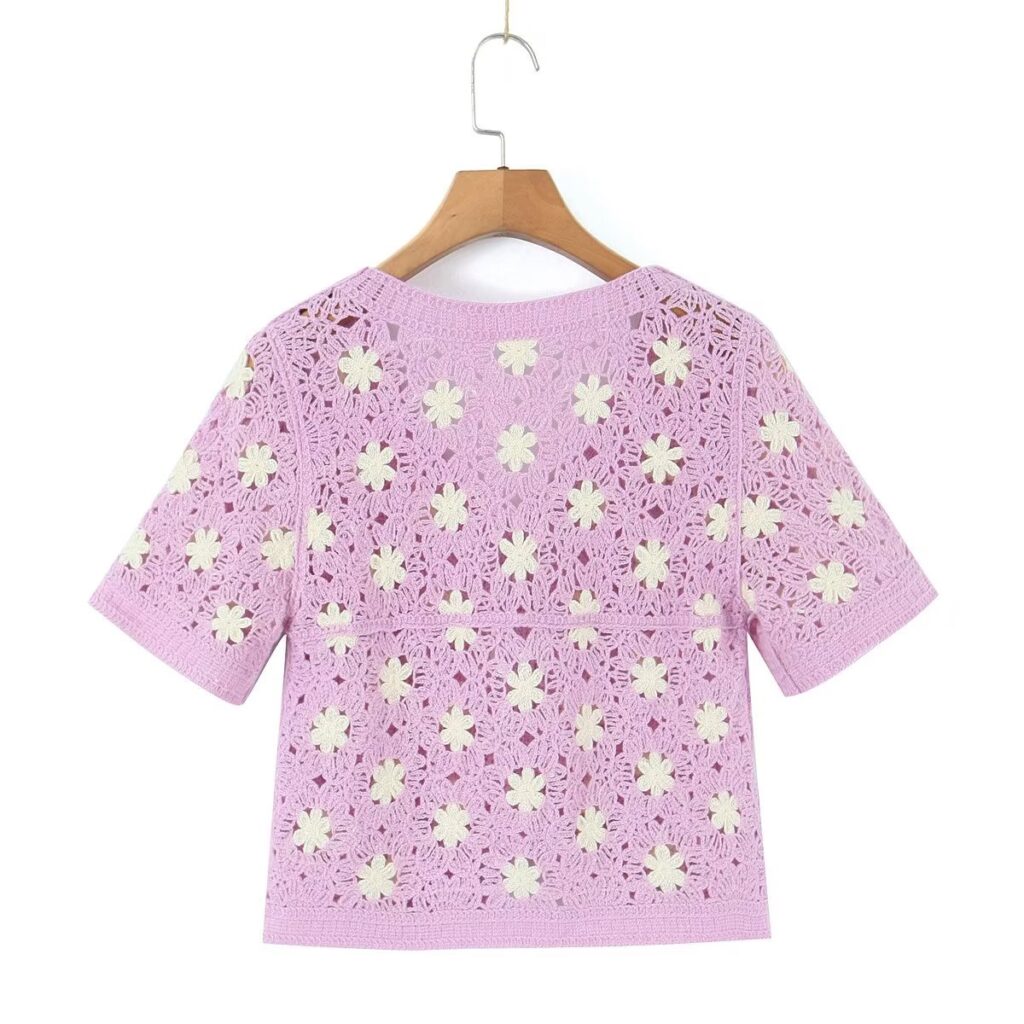Women Clothing French Vacation Vintage Small Floral Short Sleeve Tup Cardigan Casual - Image 4