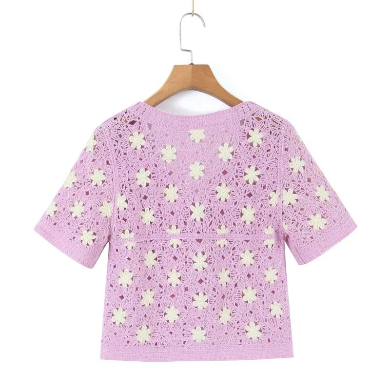 Women Clothing French Vacation Vintage Small Floral Short Sleeve Tup Cardigan Casual - Image 4