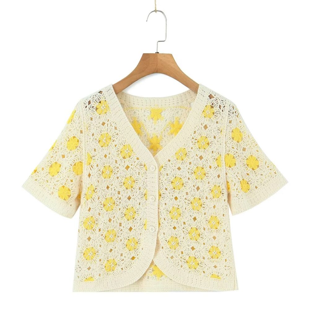 Women Clothing French Vacation Vintage Small Floral Short Sleeve Tup Cardigan Casual - Image 5