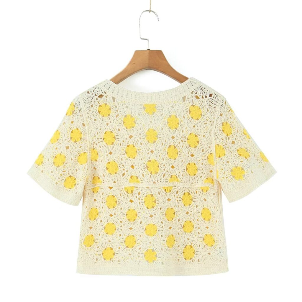 Women Clothing French Vacation Vintage Small Floral Short Sleeve Tup Cardigan Casual - Image 6