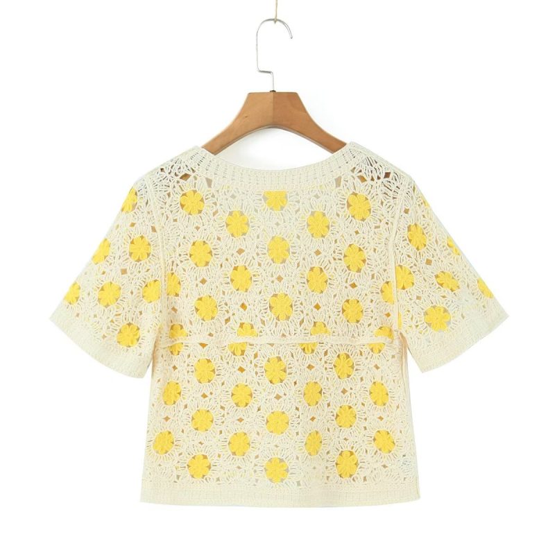 Women Clothing French Vacation Vintage Small Floral Short Sleeve Tup Cardigan Casual - Image 6