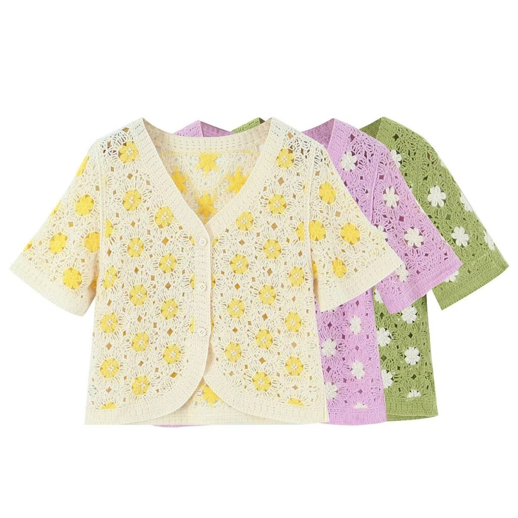 Women Clothing French Vacation Vintage Small Floral Short Sleeve Tup Cardigan Casual - Image 7