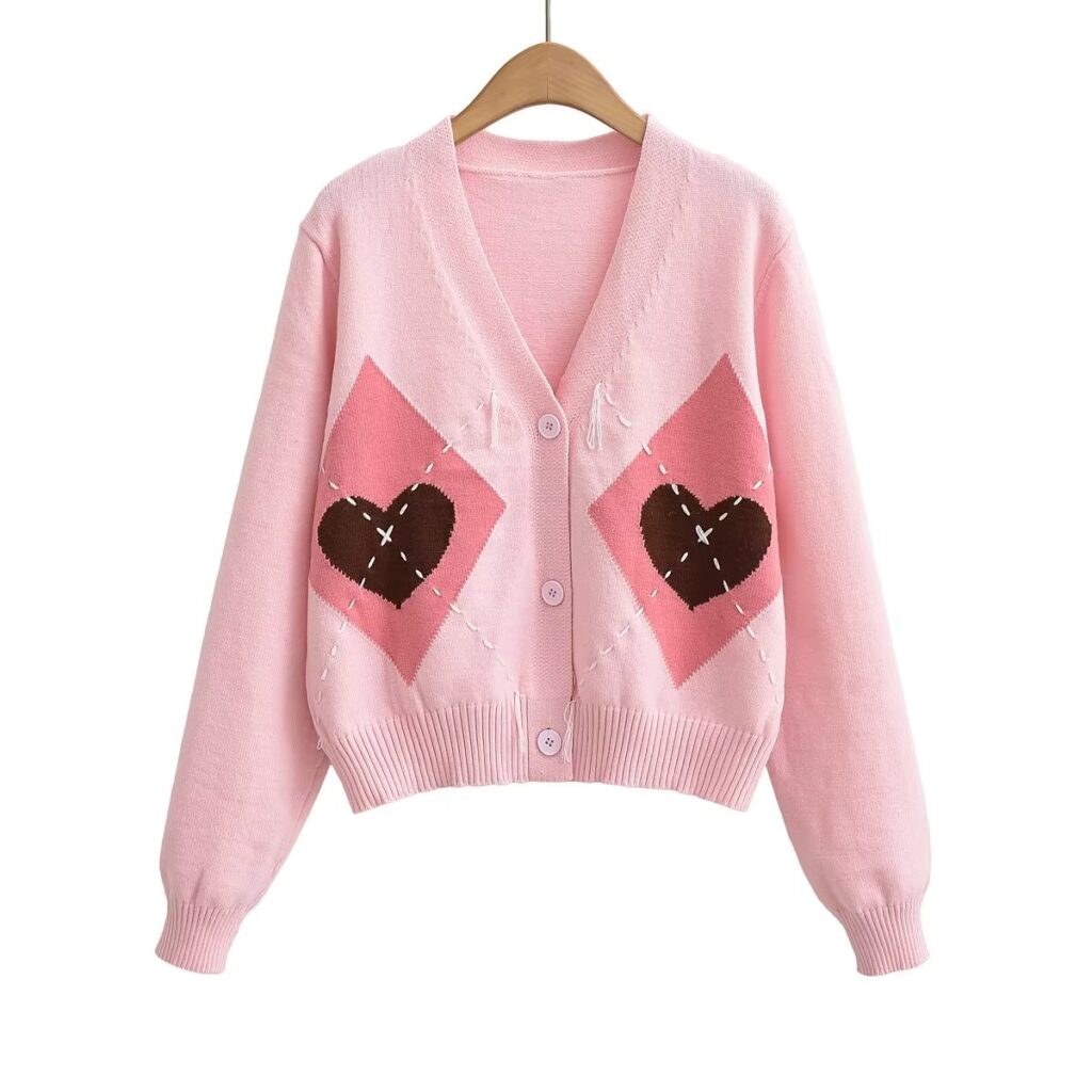 Autumn Women Clothing Love Rhombus Pattern Knitted Cardigan Coat - Image 2