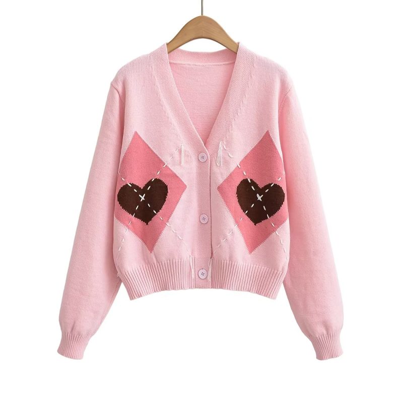 Autumn Women Clothing Love Rhombus Pattern Knitted Cardigan Coat - Image 2