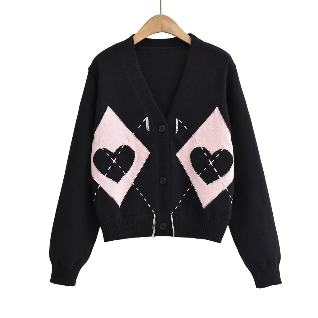 Autumn Women Clothing Love Rhombus Pattern Knitted Cardigan Coat - Image 4