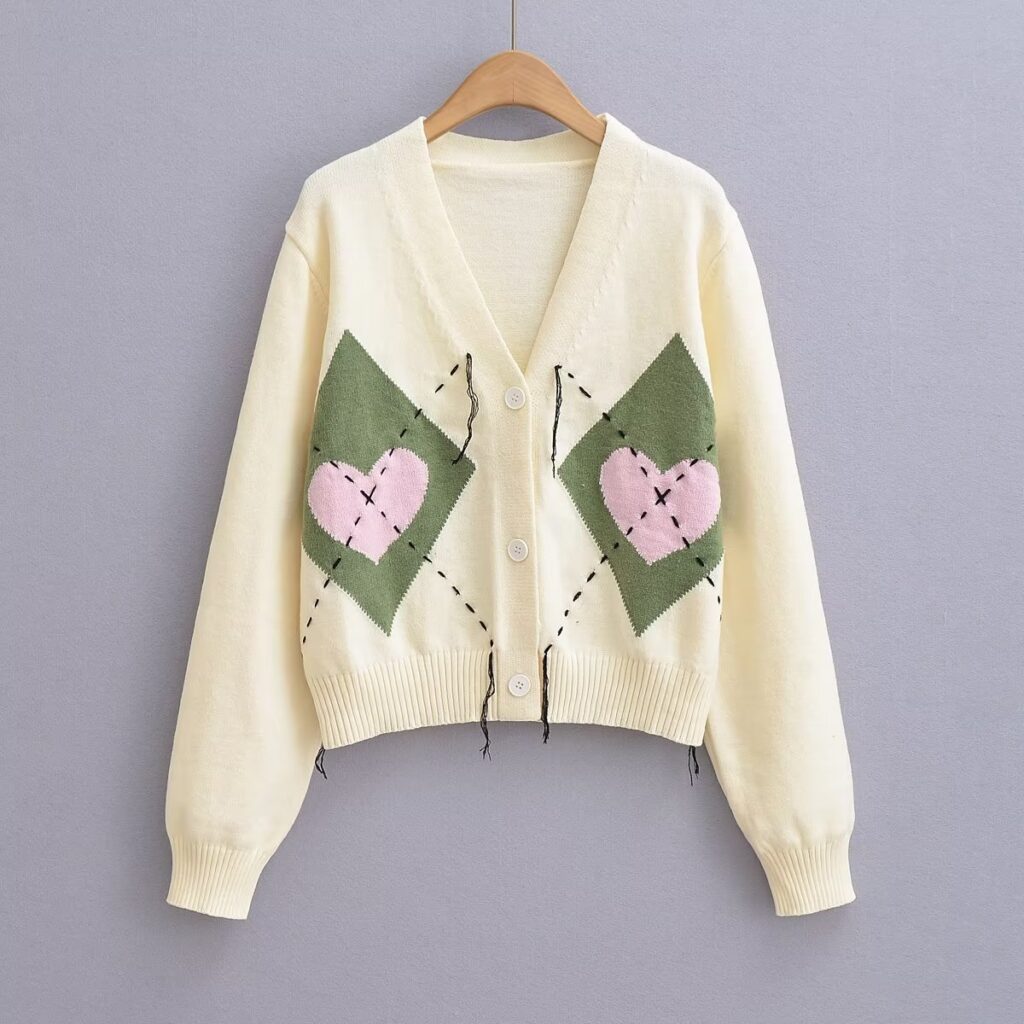 Autumn Women Clothing Love Rhombus Pattern Knitted Cardigan Coat - Image 5