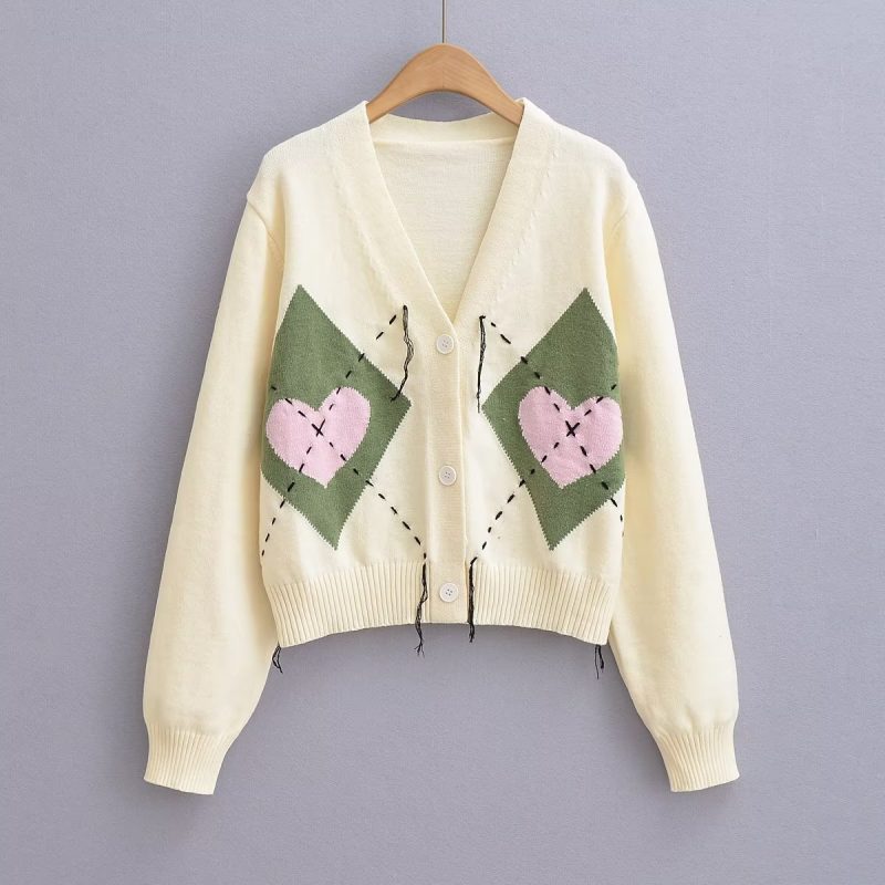 Autumn Women Clothing Love Rhombus Pattern Knitted Cardigan Coat - Image 5