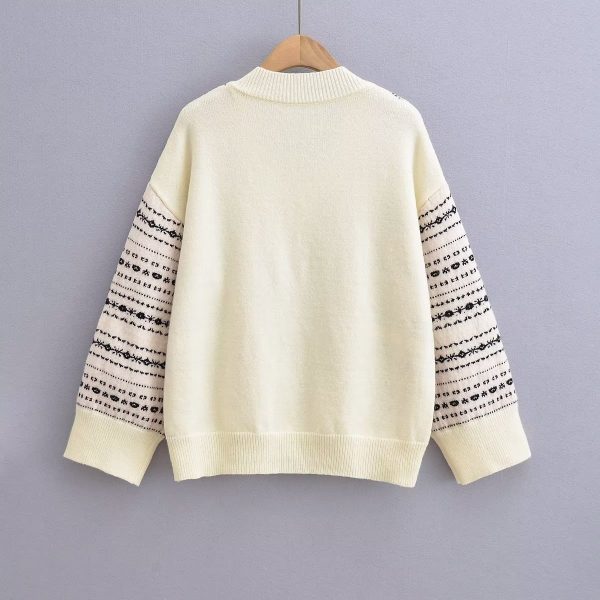 Women Clothing Jacquard Loose Fitting V neck Sweater Sweater - Image 4