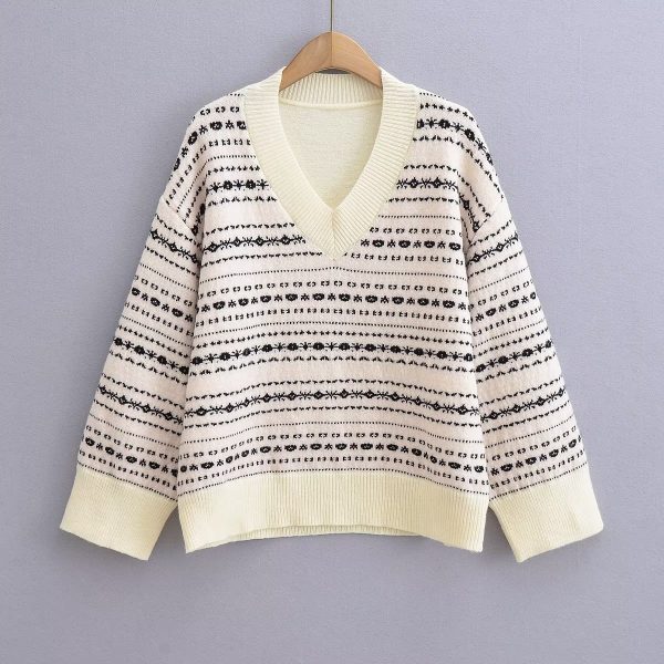 Women Clothing Jacquard Loose Fitting V neck Sweater Sweater - Image 3