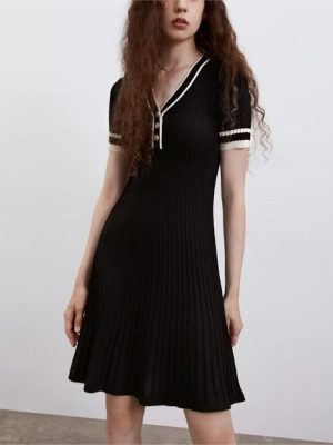 Women Clothing Contrast Color Sunken Stripe Short Sleeved Knitted Short Sleeved Dress