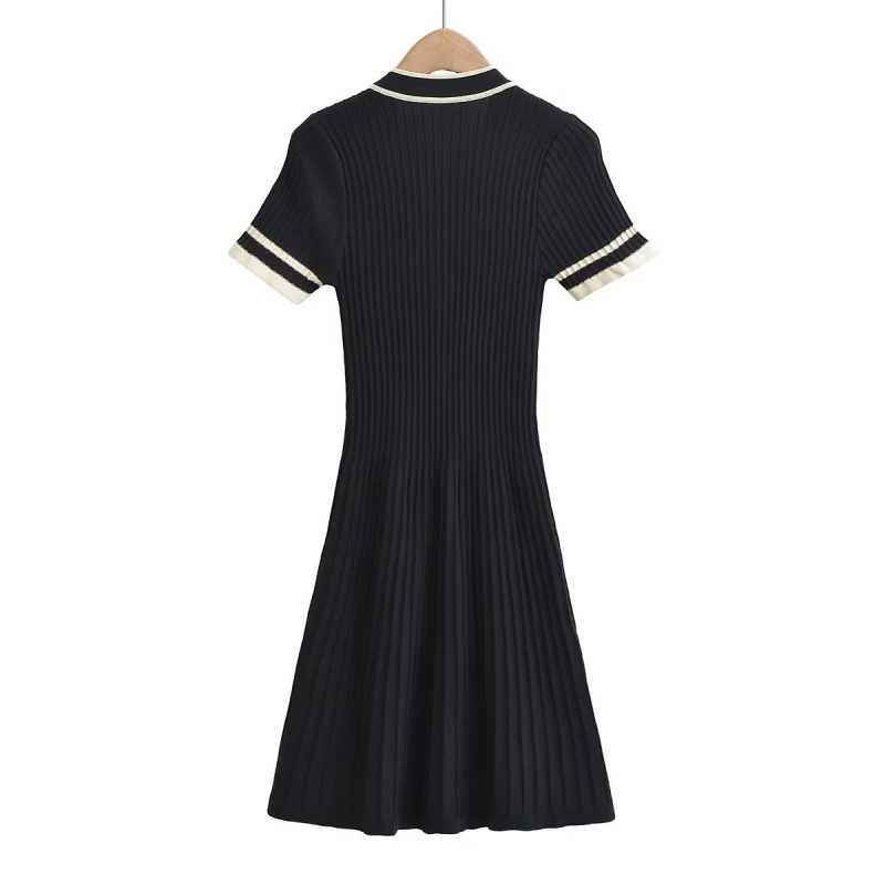 Women Clothing Contrast Color Sunken Stripe Short Sleeved Knitted Short Sleeved Dress - Image 3