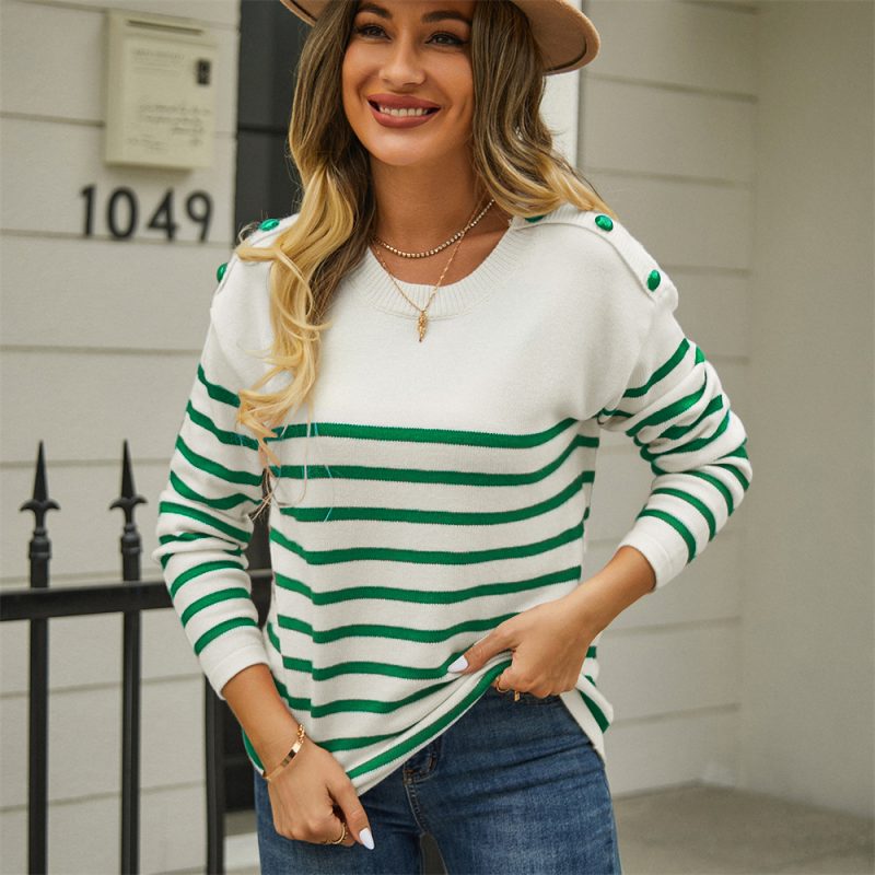Autumn Winter Pullover Patchwork Button Sweater Striped Stitching Knitwear - Image 2