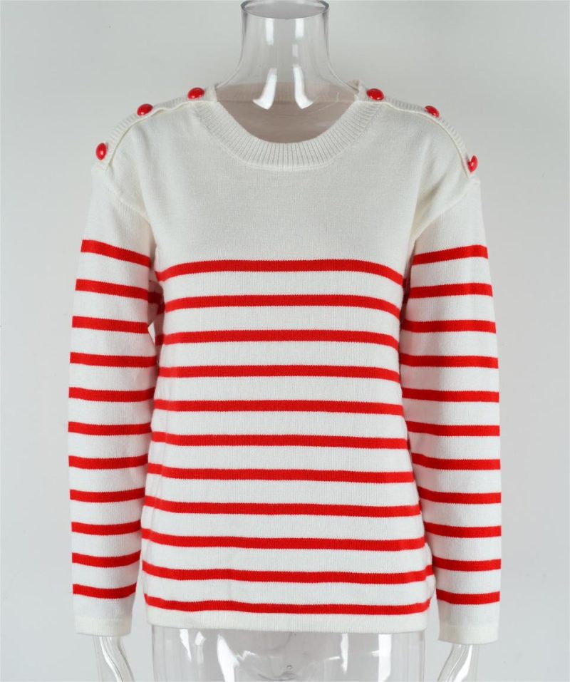 Autumn Winter Pullover Patchwork Button Sweater Striped Stitching Knitwear - Image 4