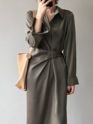 Spring Korean Satin Shirt Dress Women Maxi Dress Women