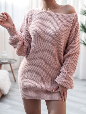 Autumn Winter  Long Sleeve off Shoulder Casual Loose Knitted Sweater Dress Women Clothing