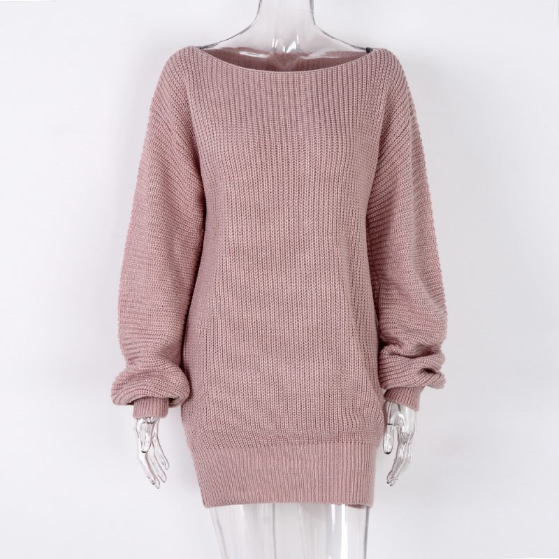 Autumn Winter  Long Sleeve off Shoulder Casual Loose Knitted Sweater Dress Women Clothing - Image 3