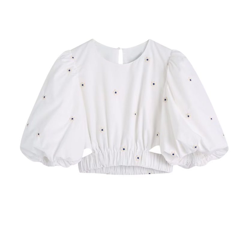 Spring Summer Korean Embroidery Puff Sleeve Top Fresh Sweet T-shirt Waist Elastic Band cropped Women Clothing - Image 2