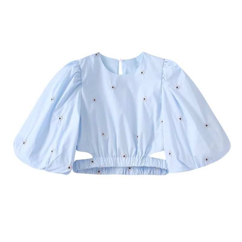 Spring Summer Korean Embroidery Puff Sleeve Top Fresh Sweet T-shirt Waist Elastic Band cropped Women Clothing - Image 3