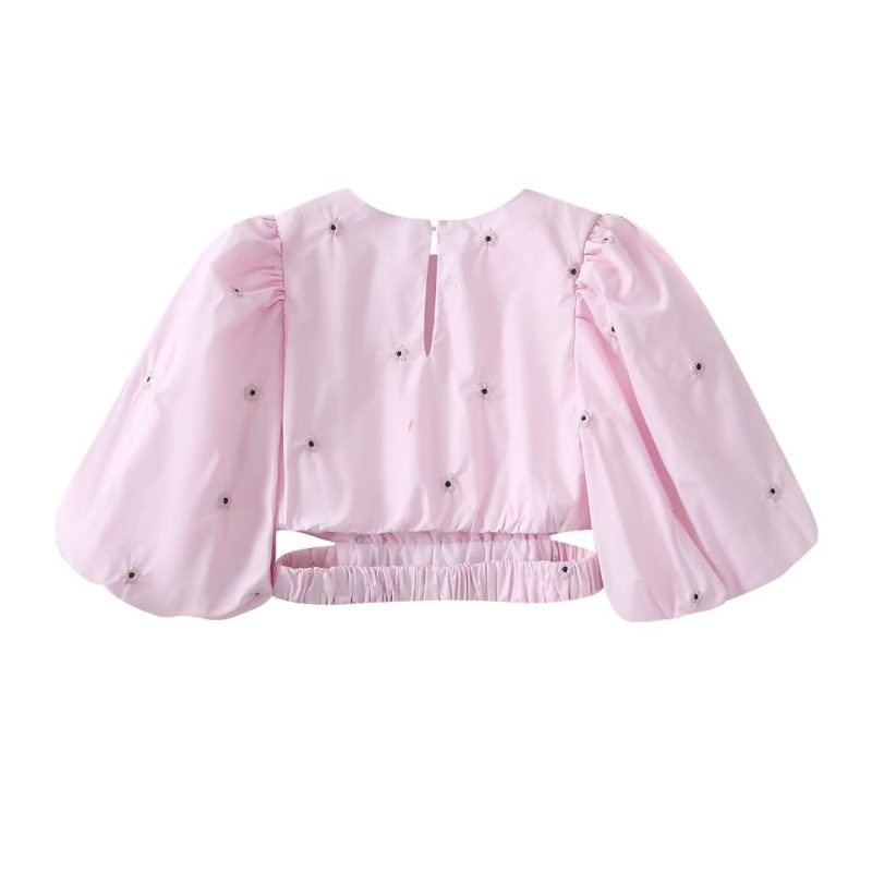 Spring Summer Korean Embroidery Puff Sleeve Top Fresh Sweet T-shirt Waist Elastic Band cropped Women Clothing - Image 6