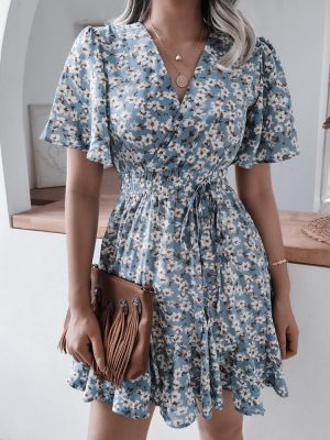 Spring Summer Women Clothing Printed Chiffon Sexy Dress for Women