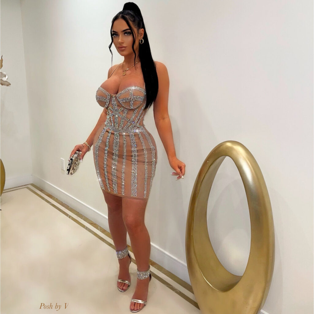 Spring Summer Straps Tulle Rhinestone Nightclub See-through Sexy Dress