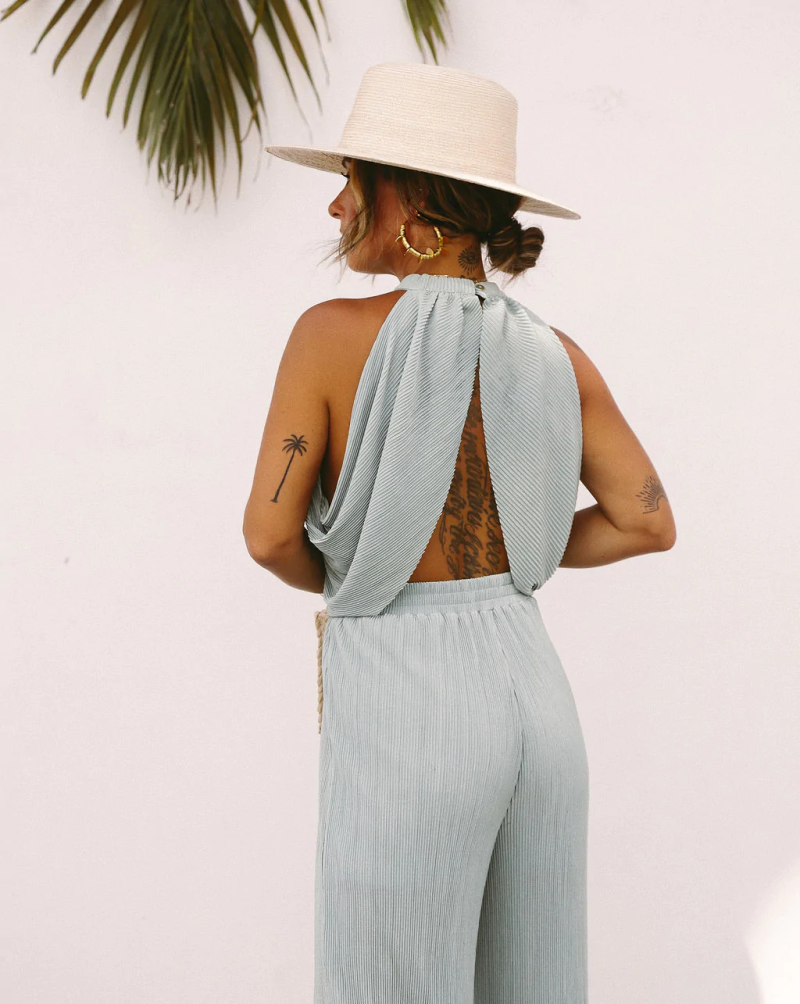 Ladies Summer Cool Suit Halter Backless Thin Sunken Stripe Vest Casual Wide Leg Pant - Image 3
