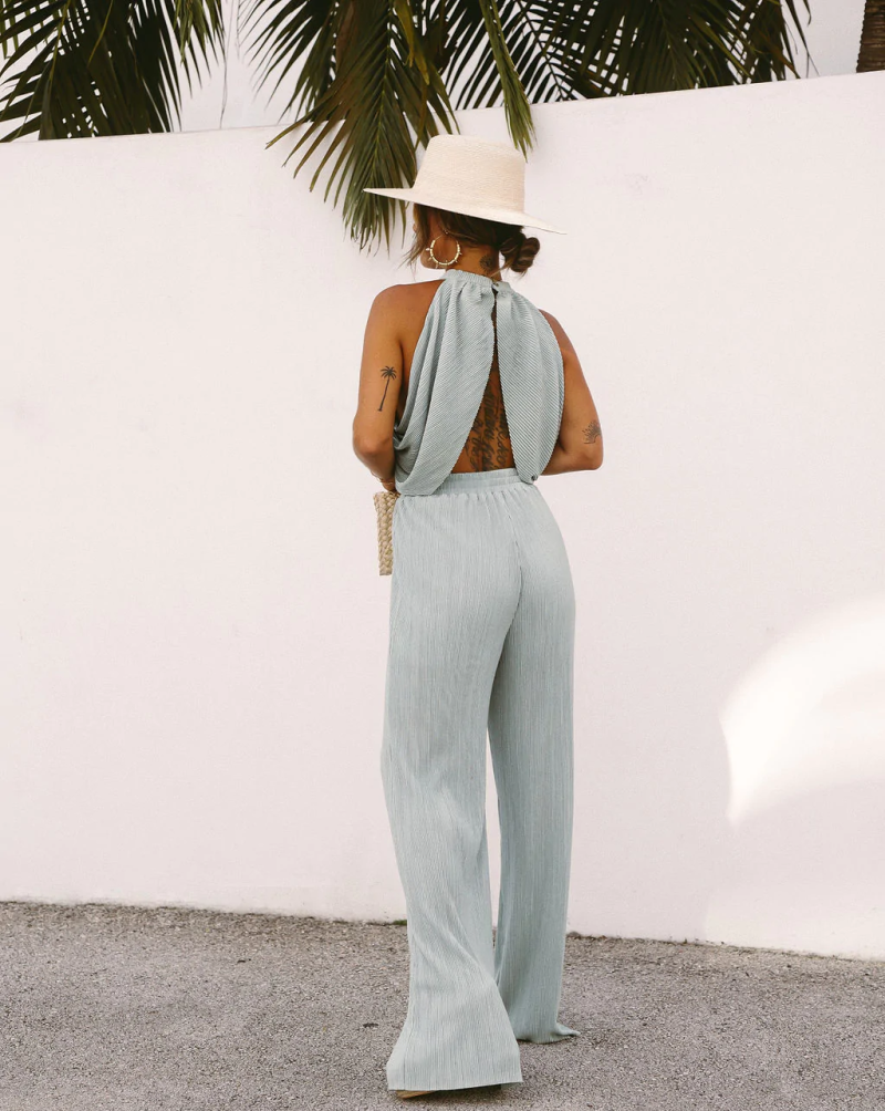 Ladies Summer Cool Suit Halter Backless Thin Sunken Stripe Vest Casual Wide Leg Pant - Image 4