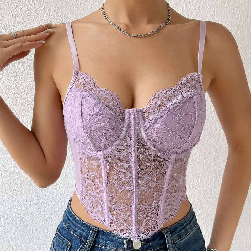 Sexy Lace Steel Ring Diamond Boning Corset Cropped See through Sexy Decoration Vest for Women - Image 3