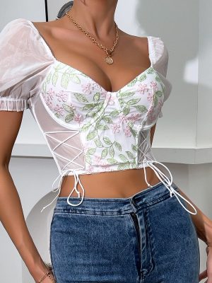 Sexy Embroidered Mesh Stitching See Through Lace Up Short Sleeve Steel Ring Boning Corset All Match Top Women