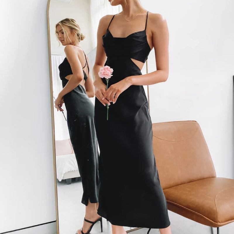Summer New Satin Solid Color Cami Dress Women Clothing Sexy Hollow Out Cutout Backless Inner Dress - Image 4