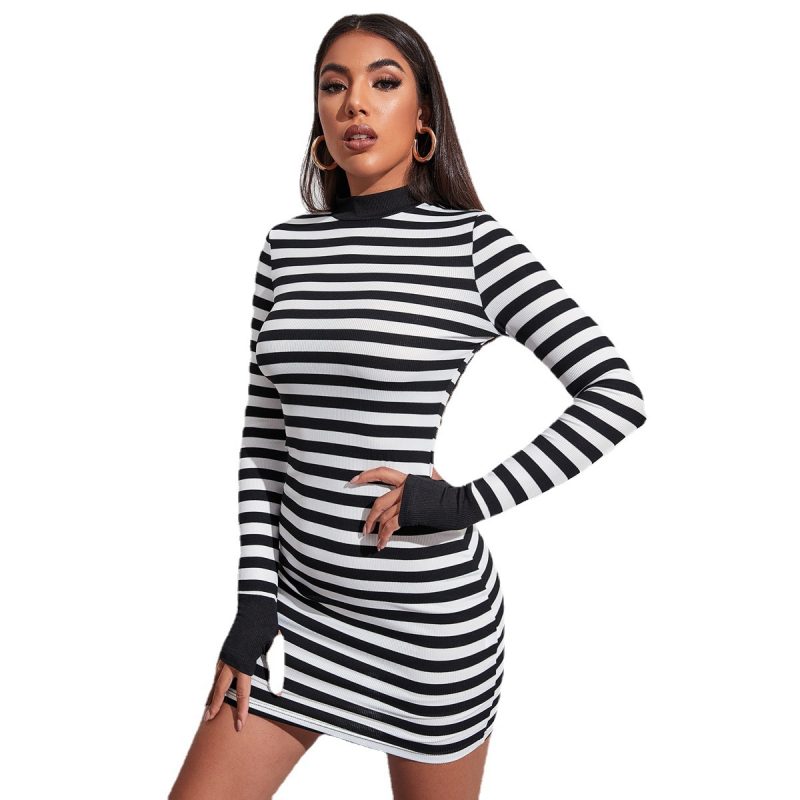 Women Clothing Sexy Slim Dress Minimalist Long Sleeve round Neck Slim Black White Stripe Dress Summer - Image 5