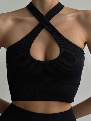 Women Sexy Cutout Cross Lace up Thread Hanging Vest Sexy Sports Outerwear Cropped Top